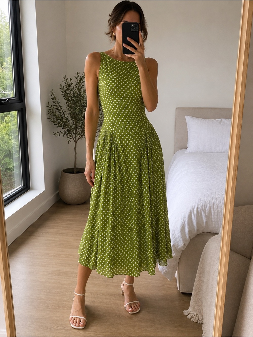 Edit by Jason Wu Elegant Polka Dot Sleeveless Midi Dress Moss Green Size 6 NWT